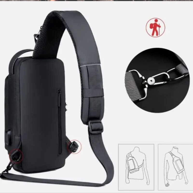 Waterproof Casual Chest Bag Men Multifunction Anti-Theft USB Charging Men Crossbody Bag Patent Leather Travel Chest Bag Pack Mal
