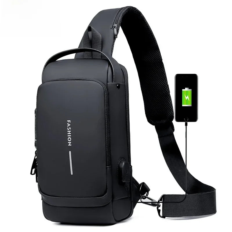 Waterproof Casual Chest Bag Men Multifunction Anti-Theft USB Charging Men Crossbody Bag Patent Leather Travel Chest Bag Pack Mal