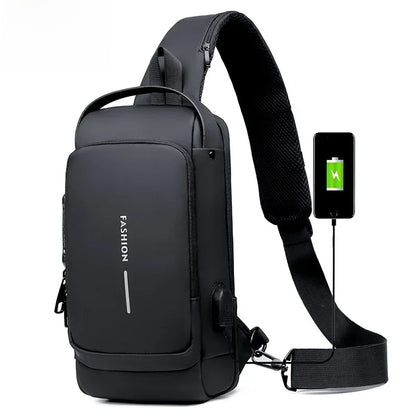 Waterproof Casual Chest Bag Men Multifunction Anti-Theft USB Charging Men Crossbody Bag Patent Leather Travel Chest Bag Pack Mal