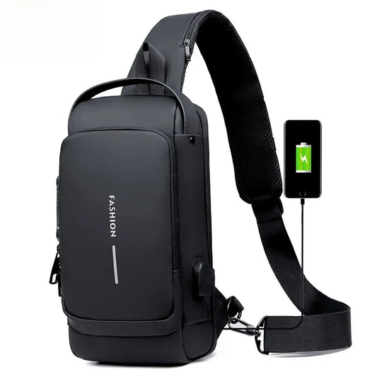 Waterproof Casual Chest Bag Men Multifunction Anti-Theft USB Charging Men Crossbody Bag Patent Leather Travel Chest Bag Pack Mal