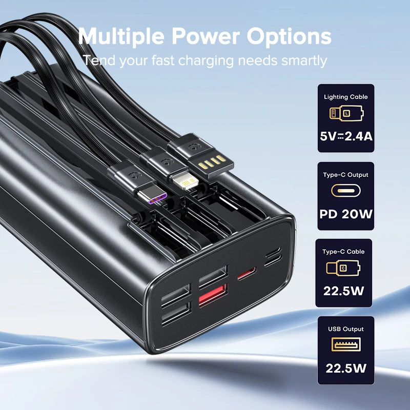 30000Mah Power Bank 22.5W Fast Charging Built-In Cable External Large Battery Portable Charger for Iphone Samsung Xiaomi