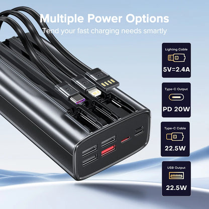 30000Mah Power Bank 22.5W Fast Charging Built-In Cable External Large Battery Portable Charger for Iphone Samsung Xiaomi