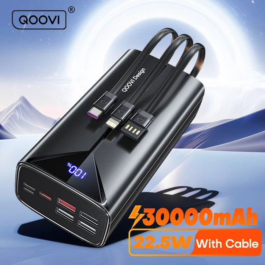 30000Mah Power Bank 22.5W Fast Charging Built-In Cable External Large Battery Portable Charger for Iphone Samsung Xiaomi